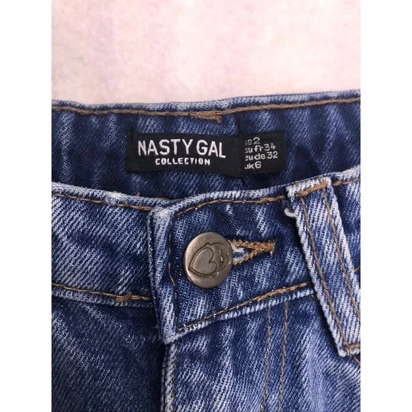 Nasty Gal High Waisted Straight Leg Jeans Blue Front Seam Raw Hem Size 2 25W - Picture 2 of 13